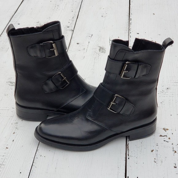 Emanuele Crasto Double Buckle Moto Boots Black ITALY Leather Women 7.5 /38 NEW